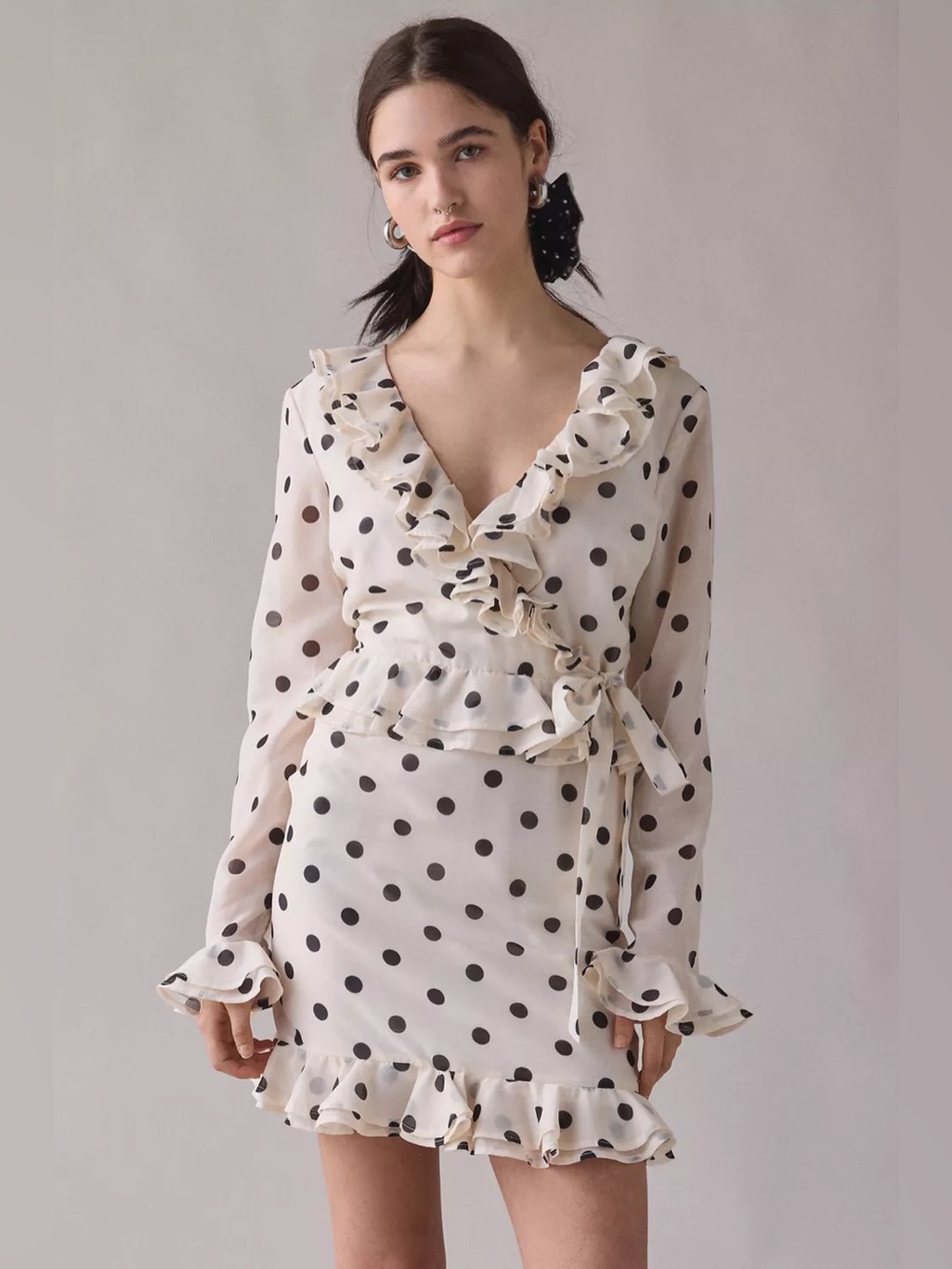 NWT Bardot Frill Detail Polka Dot Long Sleeve Mini Dress